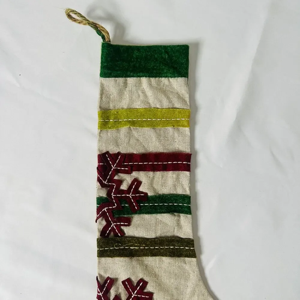 Primitive Farmhouse Christmas Striped Snowflake Sewn Skinny Holiday Stocking
